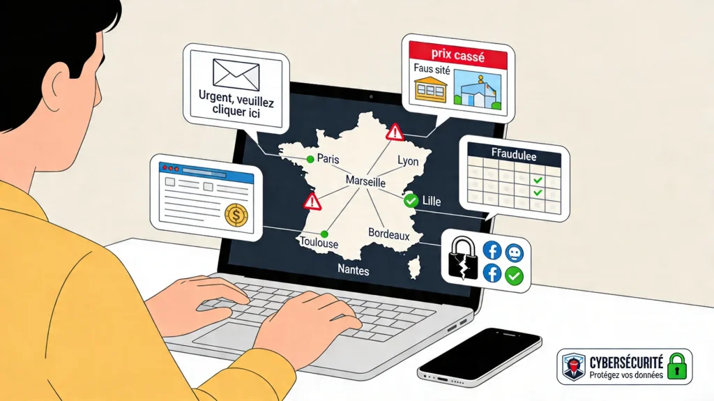Illustration d’un utilisateur français sur son ordinateur et son smartphone, entouré de pictogrammes représentant les arnaques internet (phishing, faux sites de vente, faux investissements, cadenas cassé, réseaux sociaux piratés) et d’une carte de la France avec des connexions Internet en rouge (dangers) et en vert (sécurité).