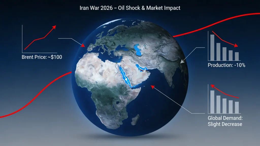 Infographie illustrant la crise pétrolière 2026 provoquée par la guerre en Iran 2026, avec le détroit d’Ormuz, la baisse de la production mondiale, la hausse du Brent autour de 100 dollars et la contraction de la demande mondiale de pétrole.