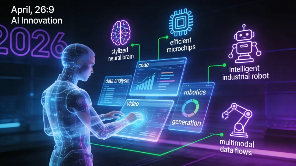 Illustration des innovations IA d’avril 2026 montrant une IA agentique, des écrans de données, un robot intelligent et des technologies d’intelligence artificielle avancées.